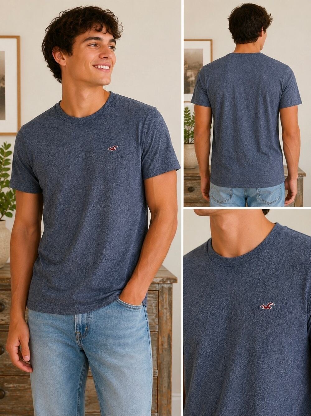 Hollister Men's Blue Heather Crew Neck T-Shirt Logo Tee Size L Casual Essential
